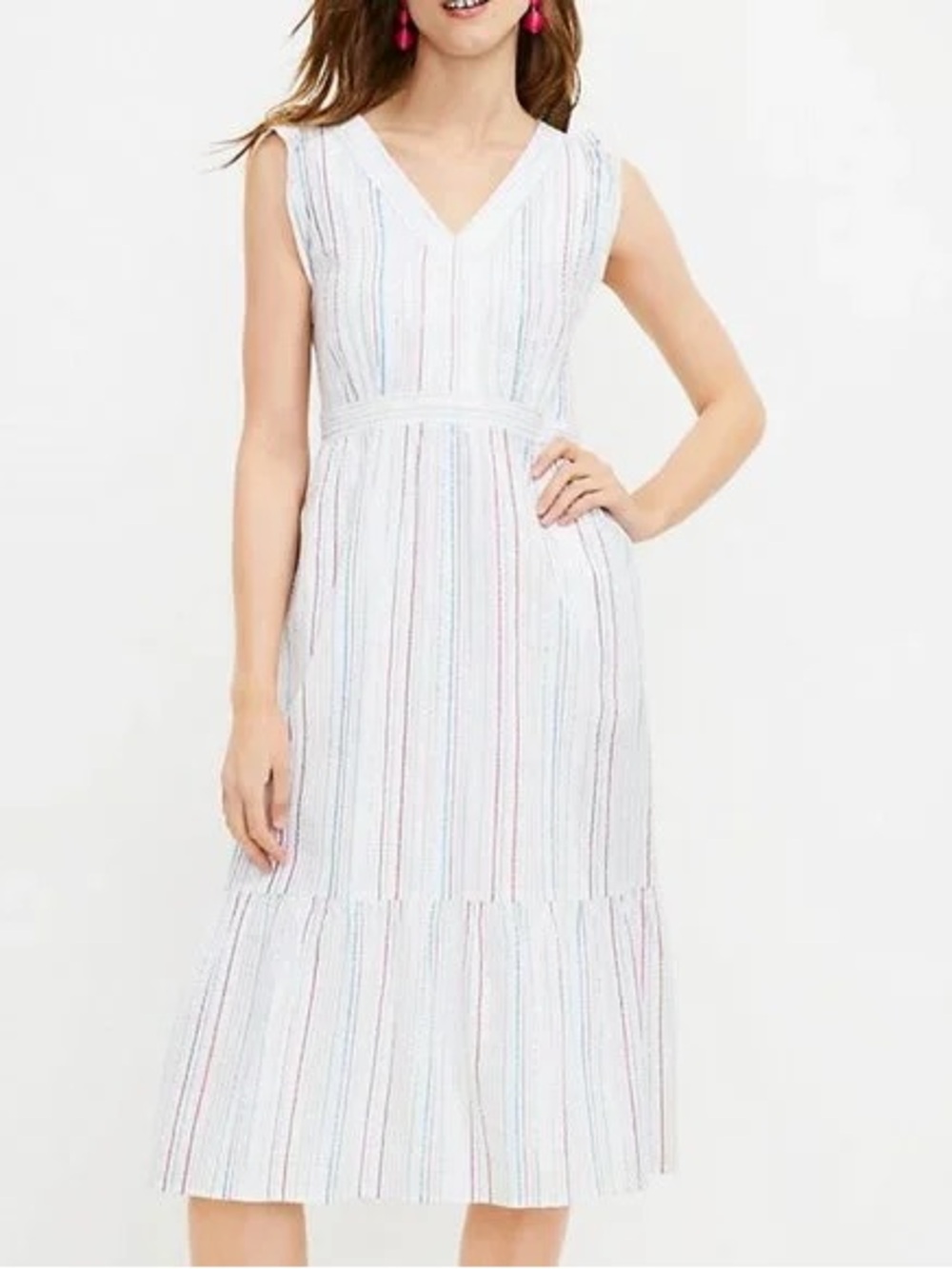 LOFT shimmer stripe ruffle pocket midi dress